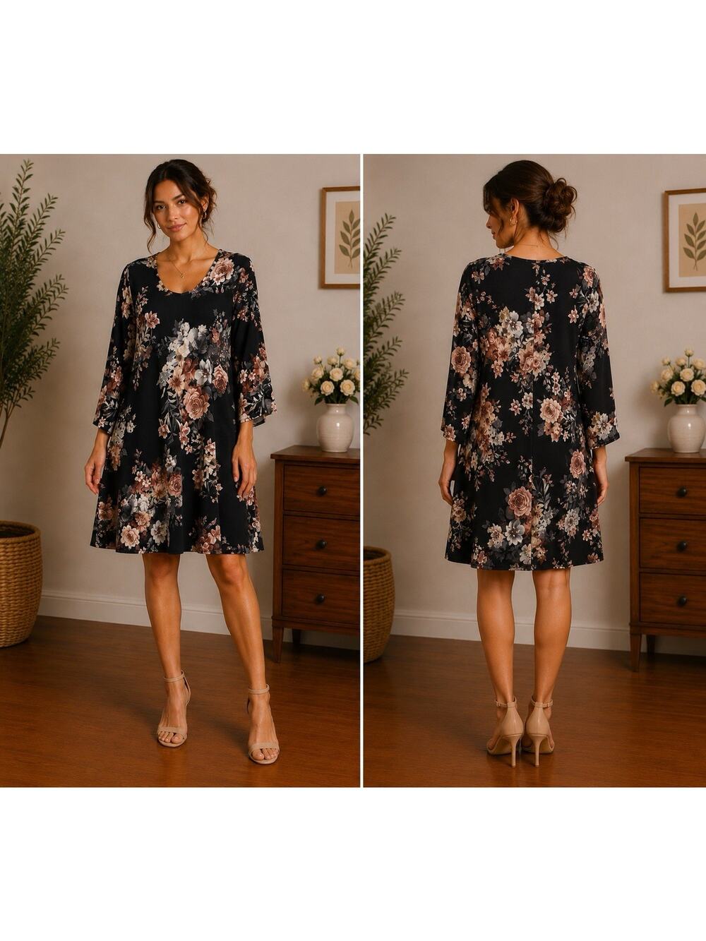 White Birch Black Floral Long Sleeve Mini Dress Size Small Romantic Boho